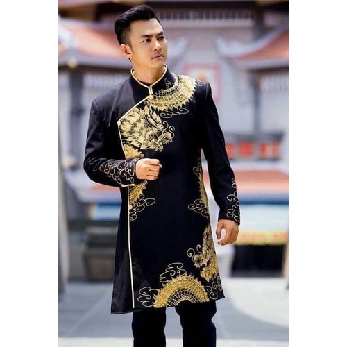ADN1257 Áo Dài Cách Tân NAM MÀU ĐEN VẼ HỌA TIẾT RỒNG VÀNG
