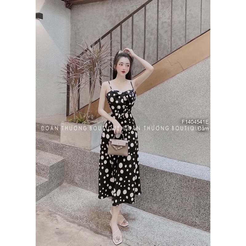 Đầm maxi chấm bi dáng xòe phối nơ ngực 2 dây! | BigBuy360 - bigbuy360.vn