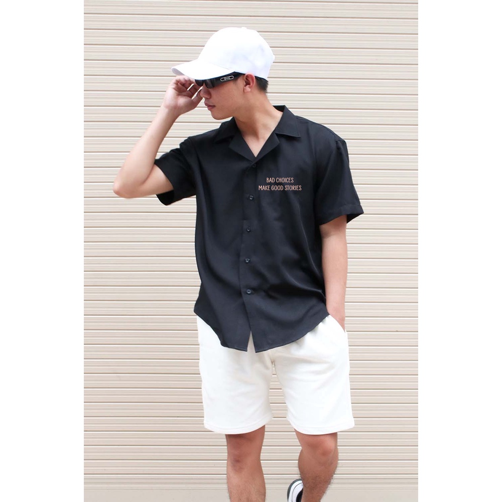 Áo Sơ Mi Hoạ Tiết BAD CHOICES đenBEAVER Tay Ngắn Cổ Vest Thời Trang Unisex Vải Lụa Chéo