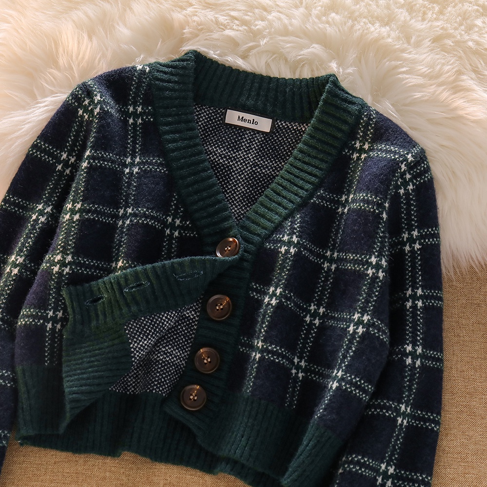 NUZIRO  Áo khoác len cardigan  dáng ngắn cổ chữ V họa tiết sọc caro phong cách retro thời trang cho nữ