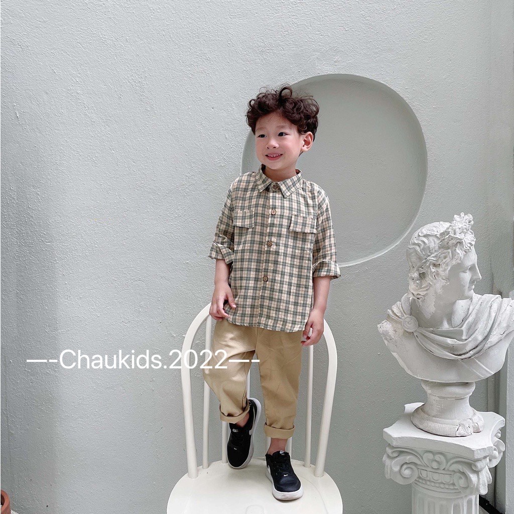 Bộ sơ mi kẻ đi học đi chơi bé trai
