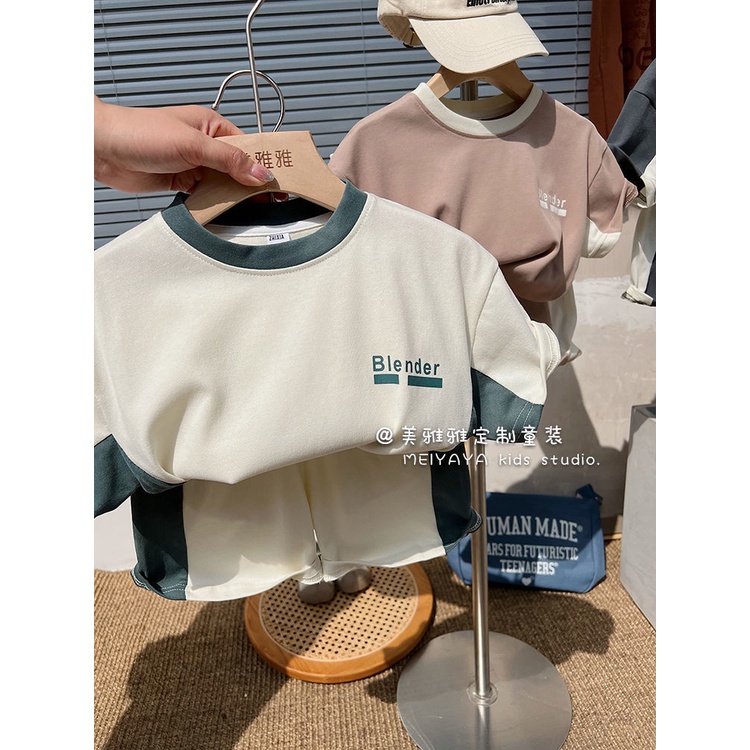[Babycat] Bộ Đồ Thể Thao Ngắn Tay Cổ Tròn In Chữ Màu Sắc Tương Phản Thời Trang Mùa Hè Hàn Quốc Dành Cho Bé Trai Mẫu Giáo