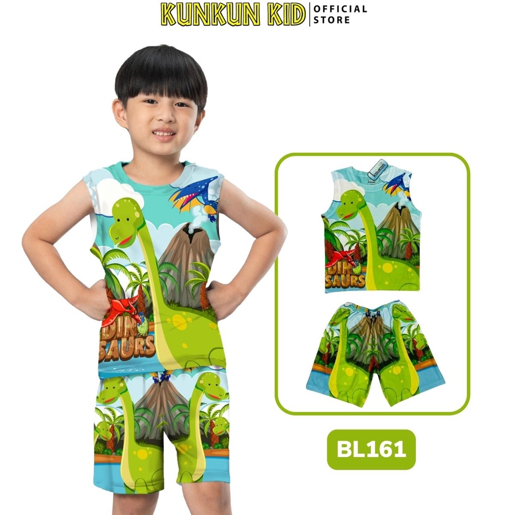 Bộ ba lỗ bé trai thun lạnh size đại từ 10kg - 40kg in hình khủng long Kunkun Kid BL161, quần áo trẻ em cao cấp
