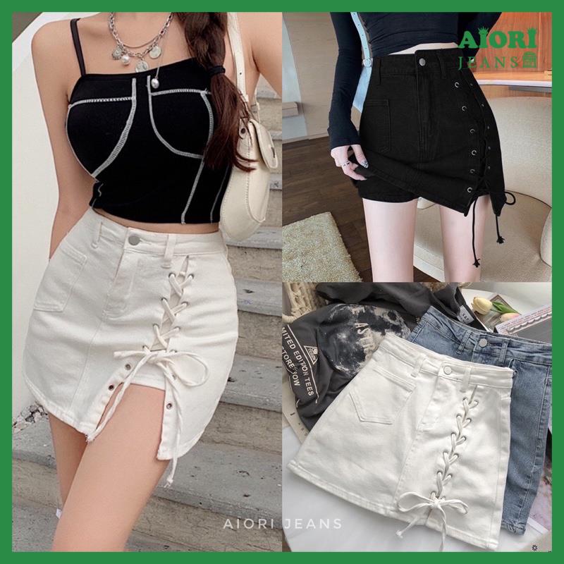 [ĐỦ 4 MÀU] Chân Váy Jean Aiori Cao Cấp Lưng Cao Chất Vải Co Giãn Có Quần Váy Buộc Chéo Dây Xinh Xắn