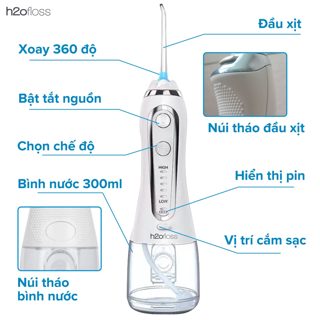 Máy Tăm Nước H2ofloss HF-6P Trang Bị 5 Chế Độ Áp Lực Phun Từ 20-110PSI Sẵn 5 Đầu Vòi Đi Kèm, Hàng Chính Hãng BH 12 Tháng