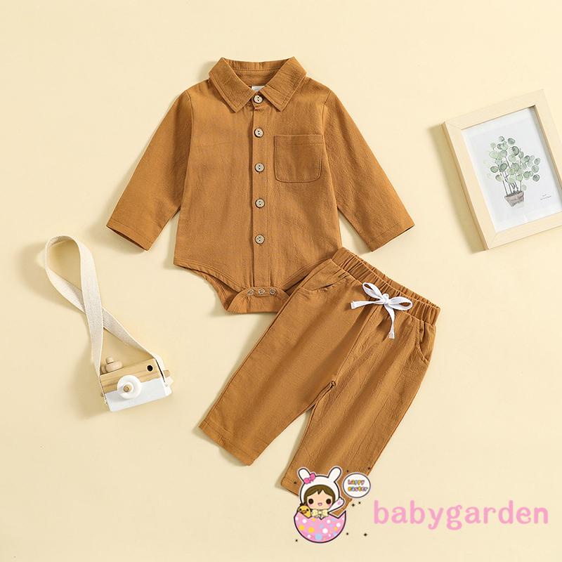Set Đồ 2 Món Gồm Áo Sơ Mi Cài Khuy Tay Dài Cài Khuy + Quần Dài Lưng Thun Màu Trơn Cho Bé Trai 0-3 Tuổi