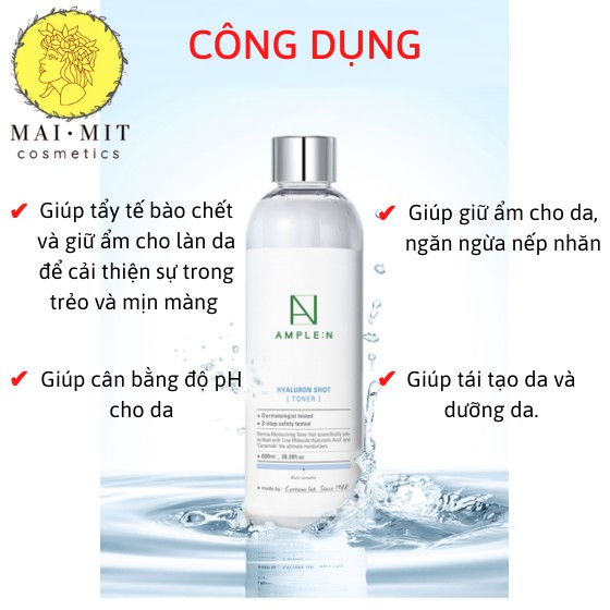 Nước hoa hồng dưỡng ẩm Ample:N Hyaluron Shot Toner Hàn Quốc  600ml