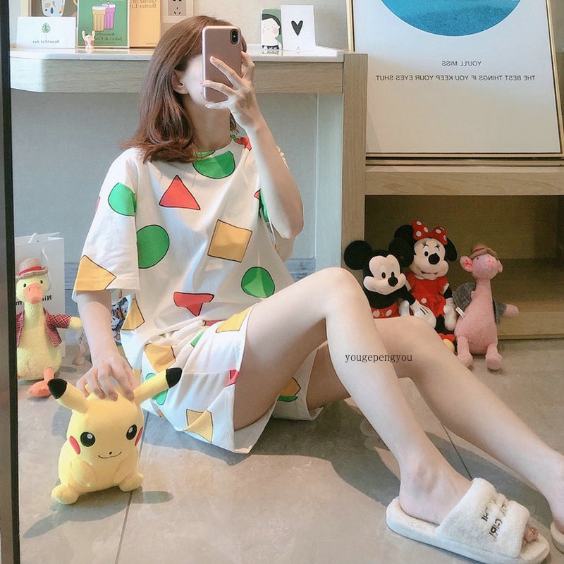 Wt3 · Bộ Đồ Ngủ Pijama Tay Ngắn Quần Ngắn Vải Lụa Sữa In Hình Cậu Bé Bút Chì Shin-Chan Mặc Ở Nhà