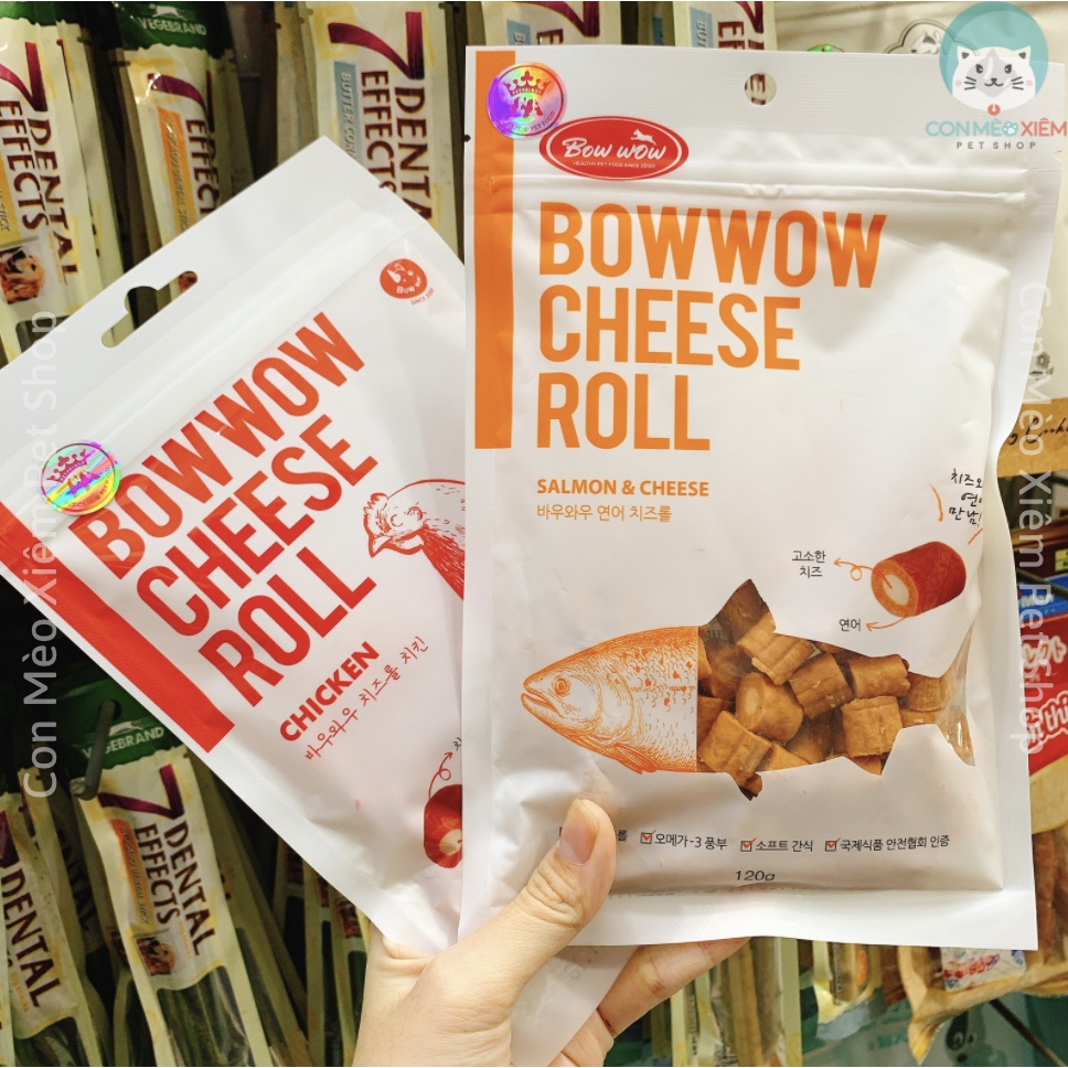 Snack cho chó mèo phô mai cuộn cá hồi Bow wow cheese roll 120g, thức ăn cho chó mèo vặt huấn luyện cún Con Mèo Xiêm