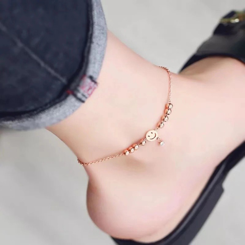 Lắc chân thép titan không gỉ 316L mạ màu vàng hồng 18k hình mặt cười chống nước không gây dị ứng