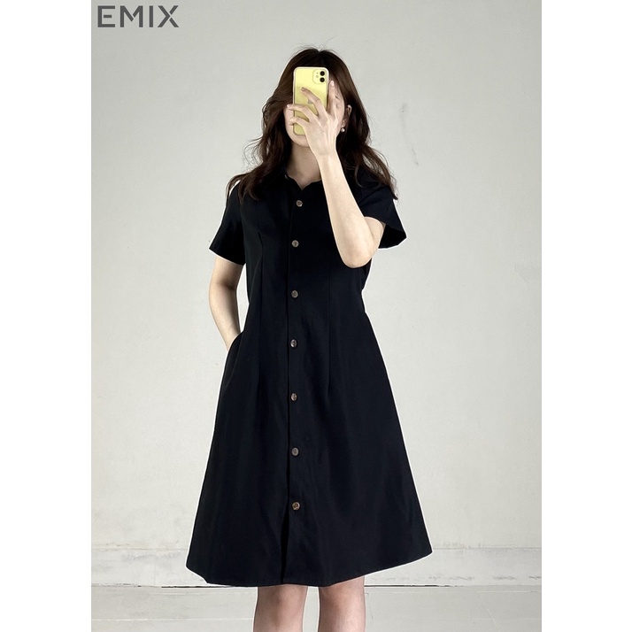 Váy sơ mi cổ đúc cúc cài chun sau EMIX (3 màu), đầm chữ A, dáng dài qua gối, cổ sơ mi, có túi hông, chất thô hàn 6789