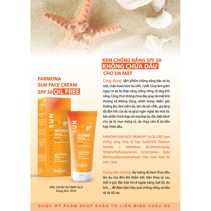 Kem Chống Nắng Farmona Sun Face Cream Oil Free Spf50 Cho Da Dầu Mụn 50ml, Không Chứa Dầu Cho Da Mặt spf 50