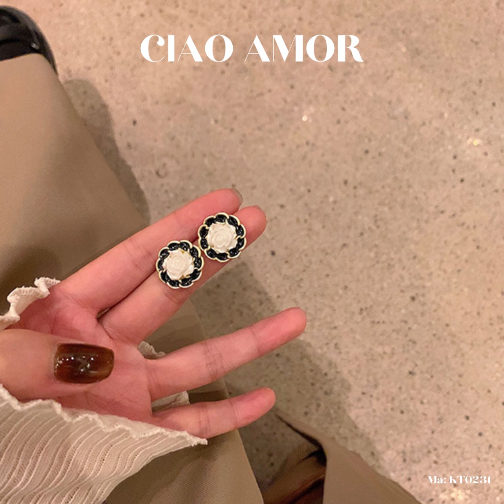 KT0231-Khuyên tai nữ, Hoa tai bạc 925 hoa hồng trắng viền đen Trang sức Ciao Amor