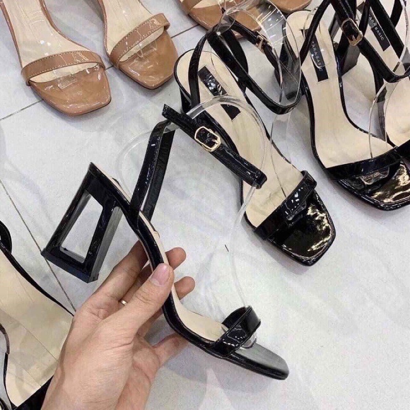 Sandal nữ 7p dây mảnh da bóng gót hình thang cá tính 009