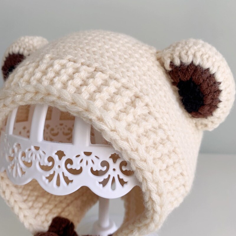 Mũ Beanie Dệt Kim Dày Dặn Mềm Mại Co Giãn Giữ Ấm Tai Gấu Dễ Thương Cho Bé