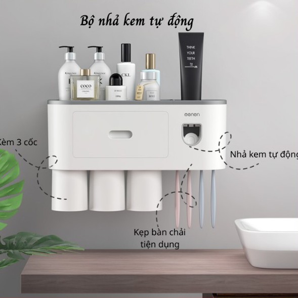 Kệ Nhả Kem Đánh Răng Thông Minh Bộ Nhả Kem Kèm 3 cốc đánh răng hút từ tính.