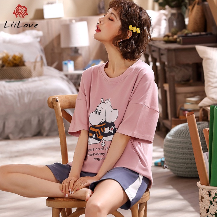 Bộ mặc nhà cotton mùa hè quần đùi áo ngắn tay - cá tính, trẻ trung, phong cách Hàn Quốc - mặc đẹp từ nhà ra phố Liilove