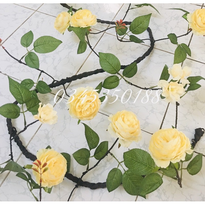 Dây hoa Hồng trà cổ dài 3m, 21 bông hoa, 42 lá và Lộc thân giả dây rừng cao cấp