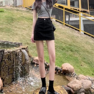 Chân váy denim chữ A dáng ngắn lưng cao màu đen/trắng thời trang cho nữ