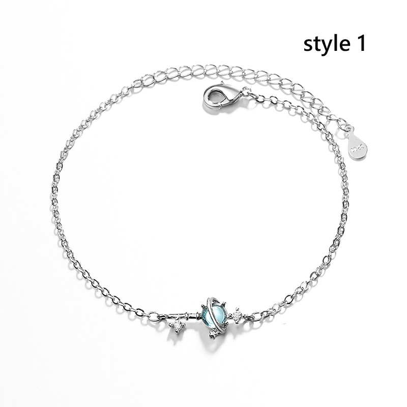 Vòng tay bạc mặt viên pha lê xanh dương phong cách hành tinh Gelang Tumpuk cho nữ