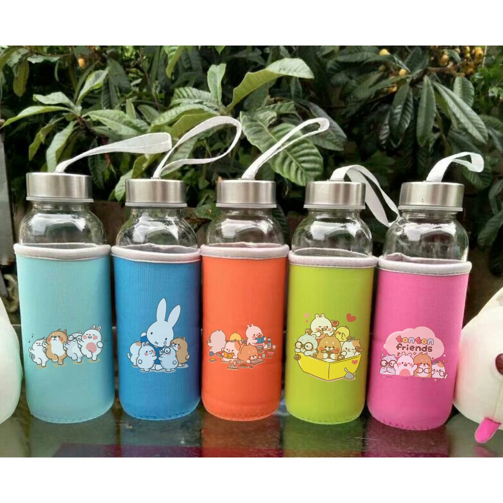 Bình nước tonton thuỷ tinh có dây xách BNVI10 chai nước hoạt hình bọc vải cute dễ thương 350ml