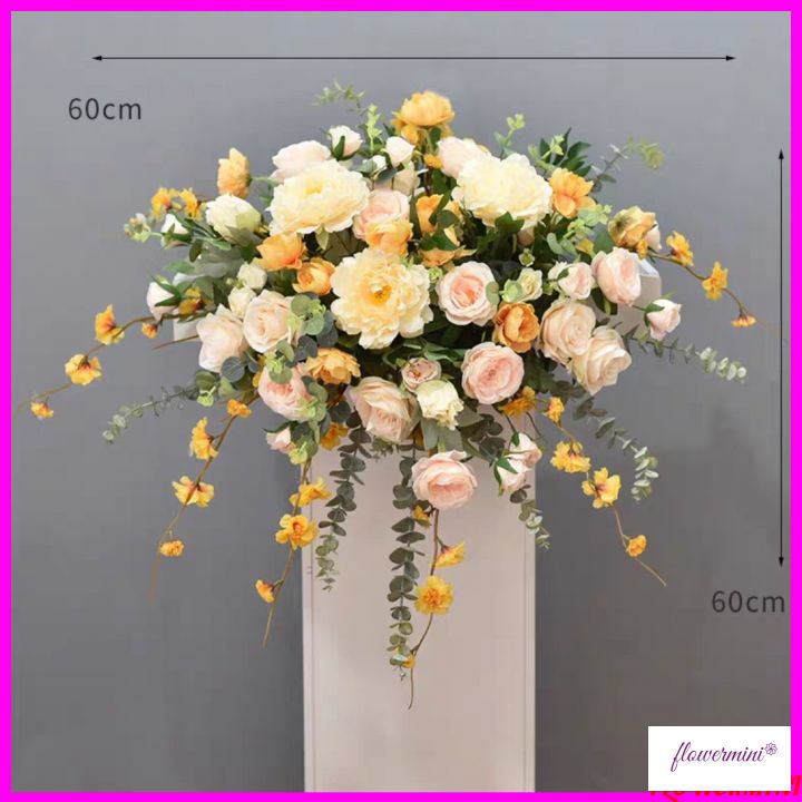 Lẵng hoa giả cắm sẵn nhiều mẫu trang trí bục phát biểu sang trọng, giỏ hoa để xe cưới tuyệt đẹp GH-01