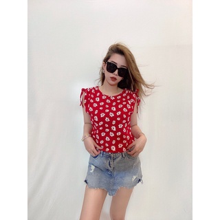 Áo canh doi rút dây 2 bên vai , hoa trắng vải đỏ , thun cotton 4 chieu