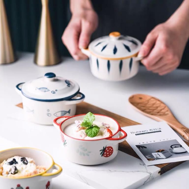 Bát ăn dặm gốm sứ hình nồi có nắp hoạ tiết xinh xắn cho bé từ 5 tháng, chất sứ tráng men chịu được nhiệt độ cao BPA FREE