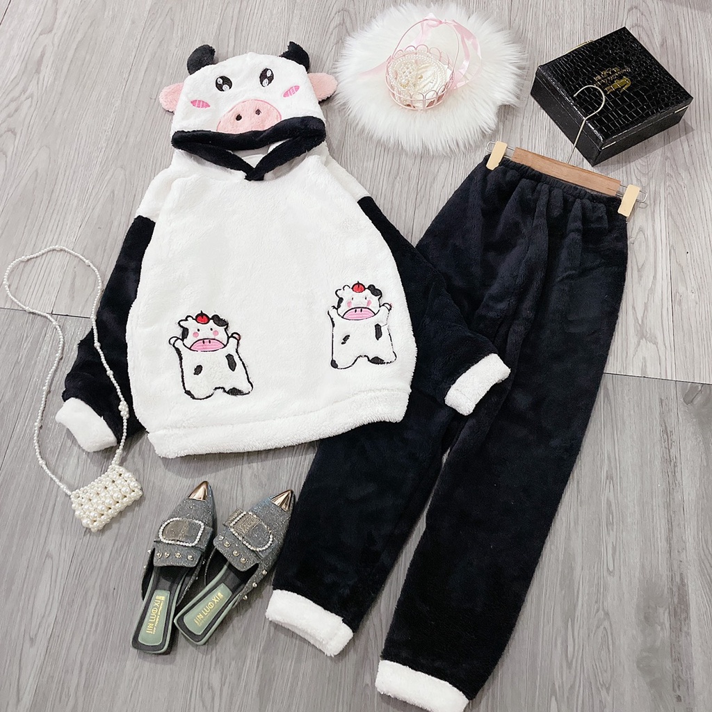 Bộ ngủ lông mũ bò sữa đen trăng/ Bộ ngủ lông mũ thỏ tím xinh xắn/ Bộ ngủ lông mũ nữ ấm áp mùa đông | BigBuy360 - bigbuy360.vn