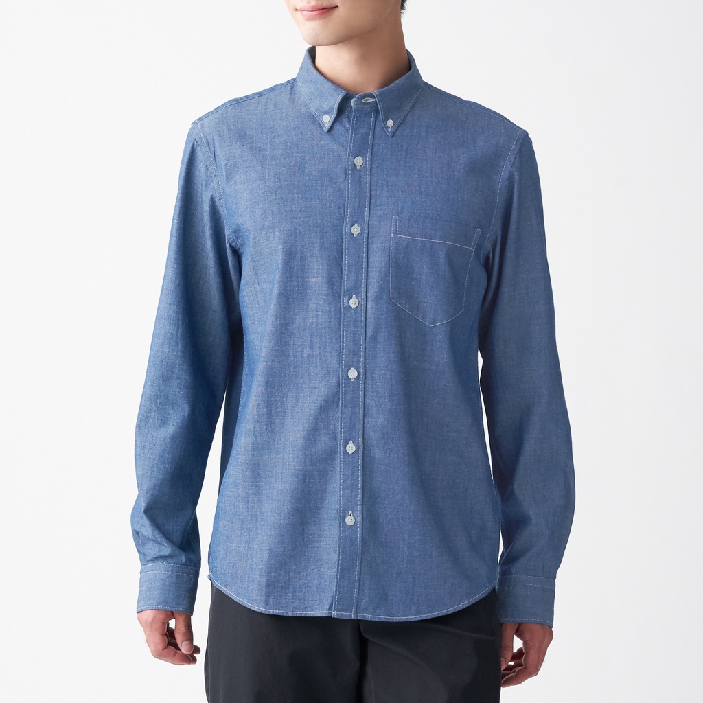 Muji Áo Sơ Mi Vải Chambray Cotton Ấn Độ Cổ CàiI Nút