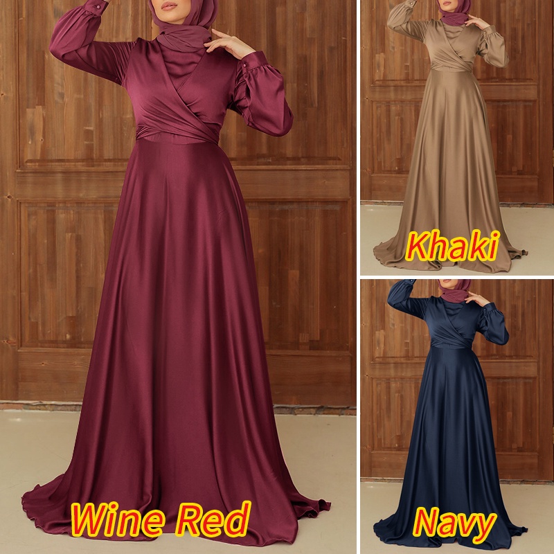 ZANZEA Women Muslim O-Neck Party Solid Satin Lace-Up Elegant Full Sleeve Casual Holiday Swing Maxi Dress