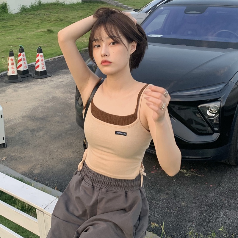 Áo Tank Top Giả Hai Lớp Dáng Ngắn Phong Cách Retro Mùa Hè Cho Nữ