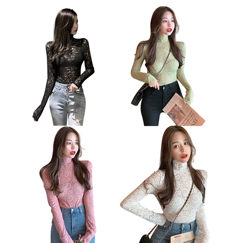 Áo kiểu tay dài cổ lọ phối ren hoa thiết kế quyến rũ cho phái nữ | BigBuy360 - bigbuy360.vn