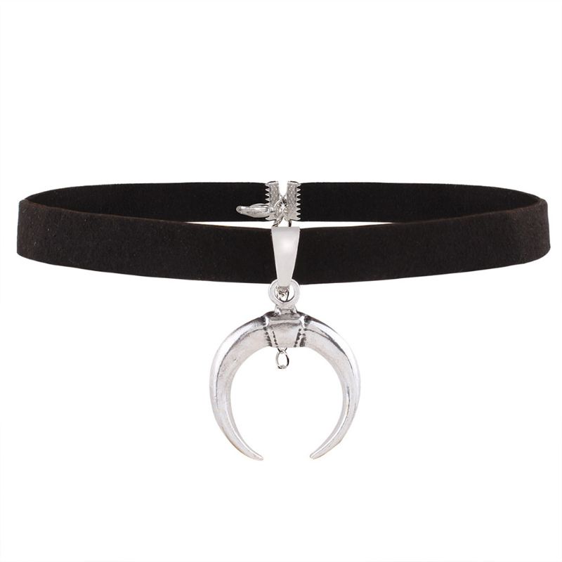 Vòng cổ choker da PU màu đen đính mặt trăng thủ công phong cách Gothic quyến rũ đơn giản cho nữ