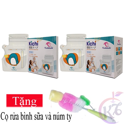 Combo 2 hộp Túi trữ sữa Kichi 250ml x 50 túi / hộp Tặng 1 cọ rửa bình sữa và núm ty - túi trữ sữa mẹ cho bé an toàn