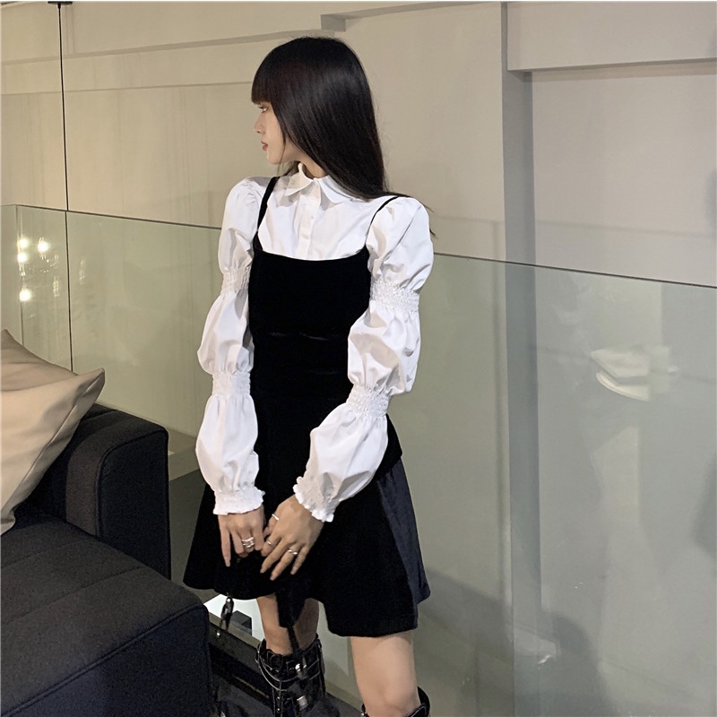 Set váy nhung đen tay phồng cá tính thời trang Becky