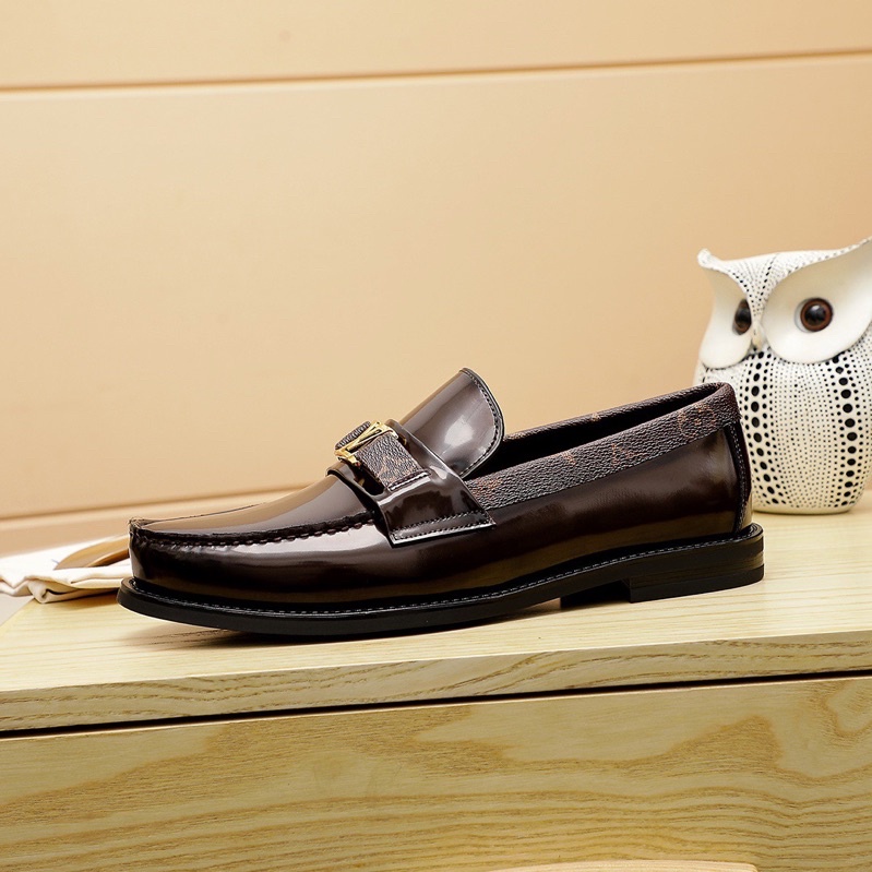 Giày tây lười mũi tròn da bóng thương hiệu Louis Vuitton LV cao cấp