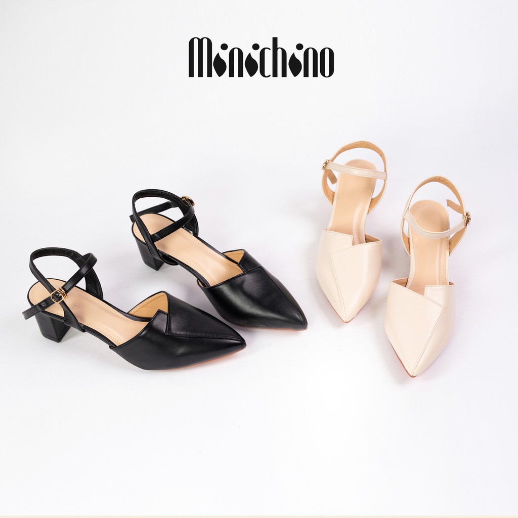 Giày sandal nữ gót cao 5cm MINICHINO giày cao gót nữ da mờ đế vuông mũi nhọn hở gót phối dây màu kem TC001