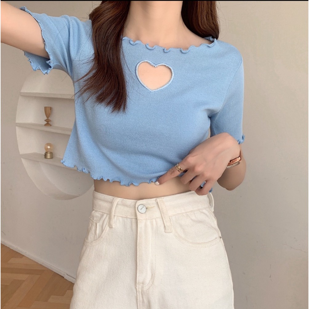 Áo Croptop Khoét Trái Tim Ngực Tay Viền AL16