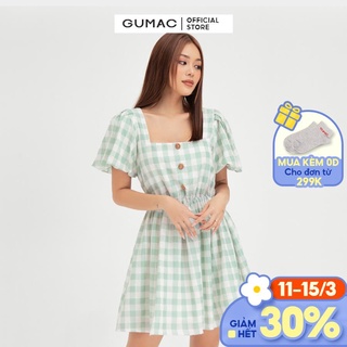 Đầm xòe nữ tay bí GUMAC họa tiết caro màu xanh trẻ trung DB485