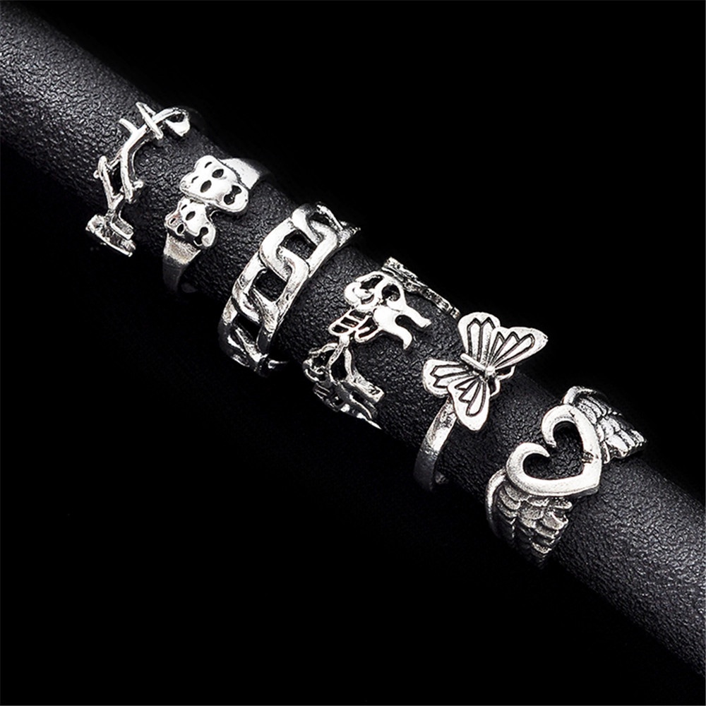 6pcs/set Nepalese Ring Retro Joint Ring Creative Heart Butterfly Ancient Silver Joint Ring Fashion Accessories Jewelry