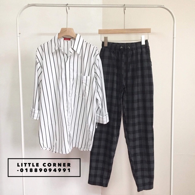 Quần caro xám xanh Plaid pants ảnh thật