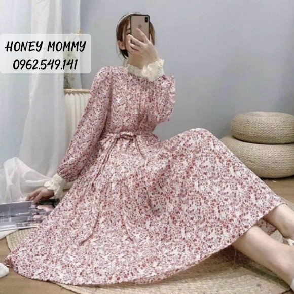 Váy Bầu Hoa Nhí Cổ Ren Kèm Đai Thắt HD4805 Honey Mommy