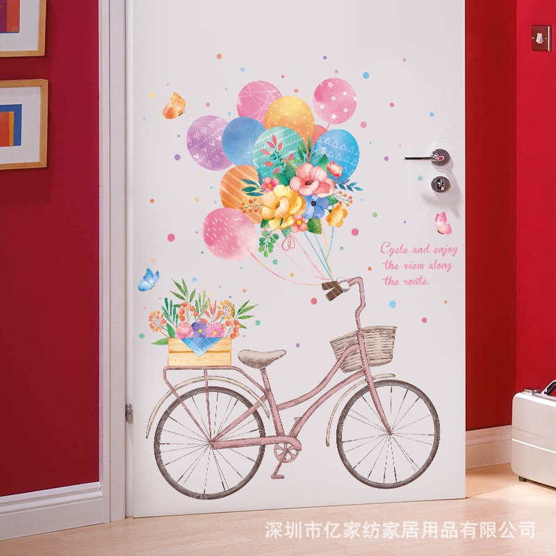 Tranh dán tường 3D Xe đạp và bong bóng KT 95x72cm, Decal trang trí phòng, Miếng dán trang trí phòng khách