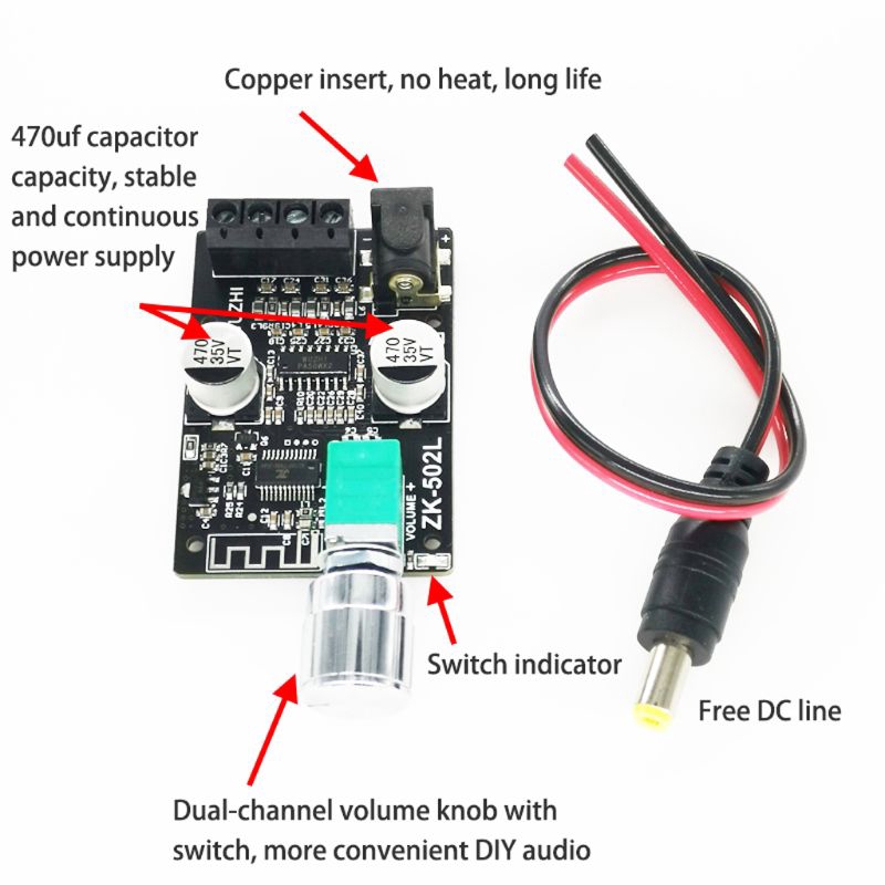 Bảng mạch khuếch đại ZK-502L MINI Bluetooth 5.0 2 kênh không dây 50W