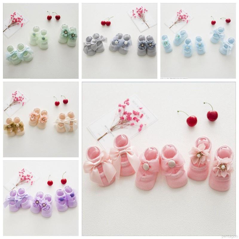 3 Đôi vớ cotton chống trượt đính nơ/ hoa xinh xắn dành cho bé gái