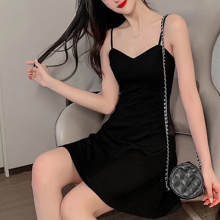 Đầm Ngắn Hai Dây Dáng Chữ a Màu Đen Thời Trang Mùa Hè Phong Cách Mới Cho Nữ