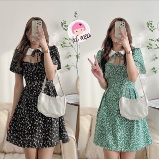 Váy hoa nhí cổ ren khoét ngực dây nơ dáng xoè tay bồng phong cách vintage xixeoshop - v130