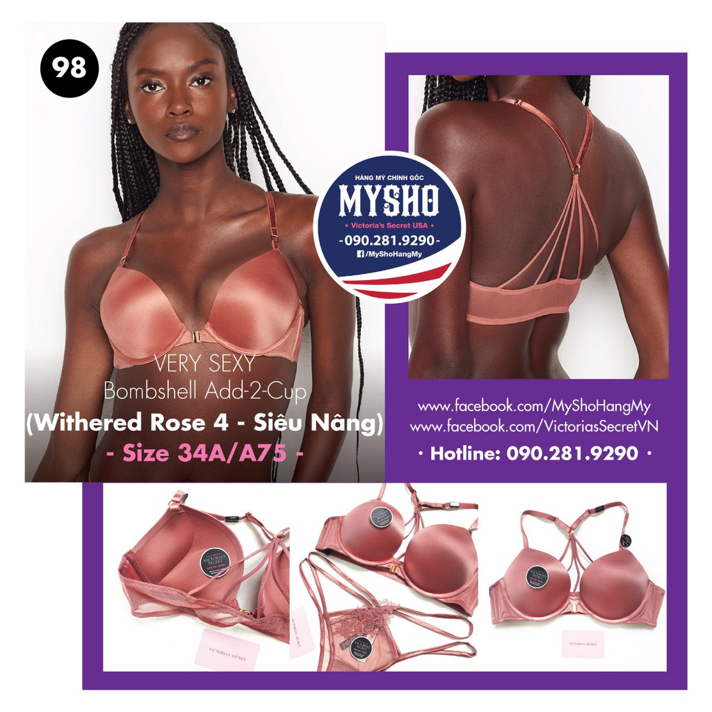 Vic USA 34A, A75 - Áo lót hồng đất  siêu nâng, Bombshell Add-2-cups, Withered Rose, Victoria's Secret USA
