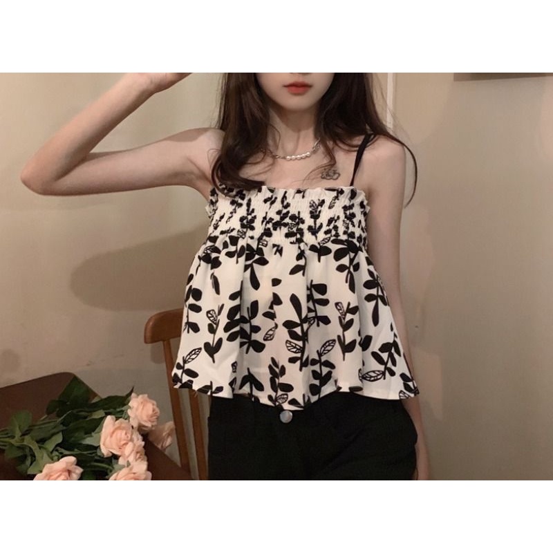 Áo hai dây dáng ngắn in họa tiết hoa nhỏ dễ thương thời trang mùa hè quyến rũ 2021